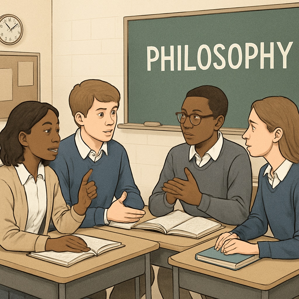 Students discussing philosophical and psychological concepts in a group setting.