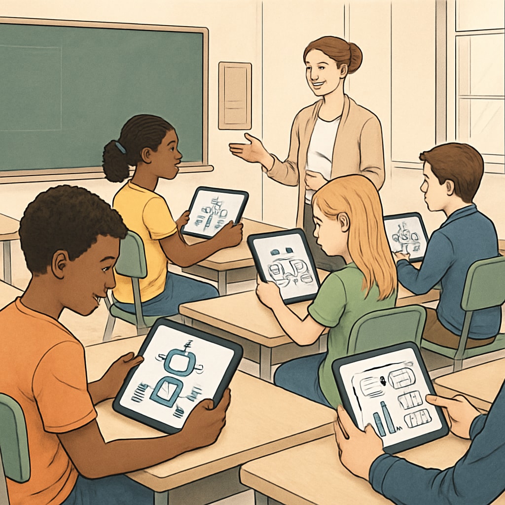 Students using AI-powered tablets for personalized learning in school.