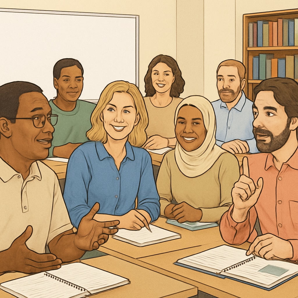 A diverse group of adult students actively participating in a classroom discussion. The image highlights inclusivity and adult education in a formal setting. Adult students participating in a classroom discussion about education.