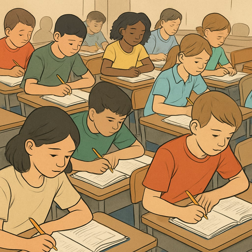 A group of young students learning in a temporary, crowded classroom setup, representing reduced space challenges. Students sitting in a crowded classroom during campus transitions, highlighting reduced space.