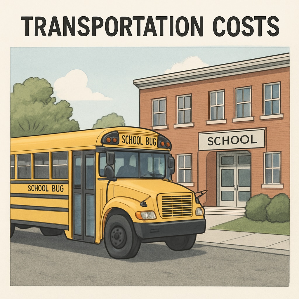A school bus parked outside a school, representing transportation costs in school budgets. School bus representing pass-through funds and their impact on per-student spending in school budgets.