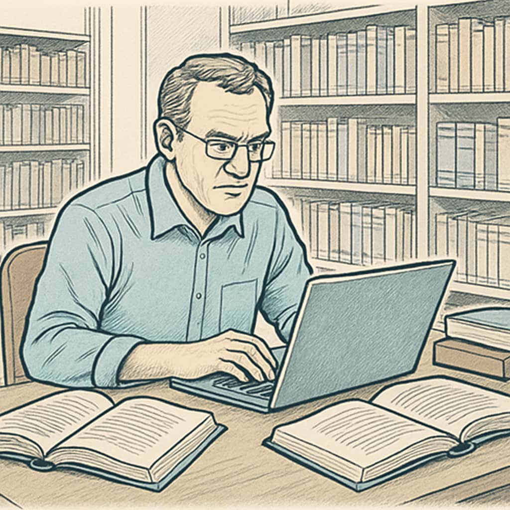 A mature student working on a laptop in a library, surrounded by books and resources. The image emphasizes independent learning alongside formal education. Mature student studying in a library setting.