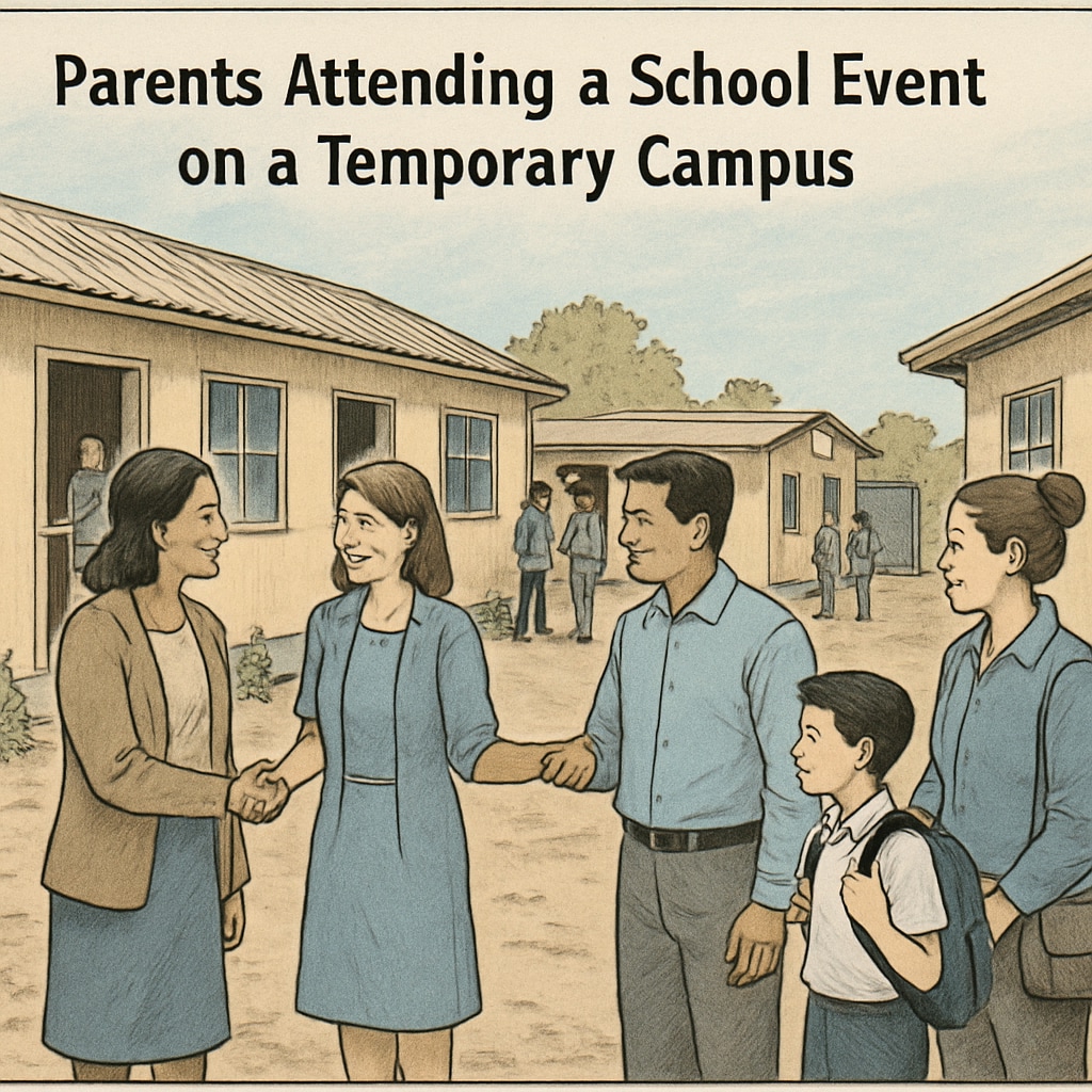 Parents attending a school event in a temporary campus setting, highlighting limited engagement opportunities. Parents participating in school activities in a temporary environment, emphasizing restricted parental involvement.