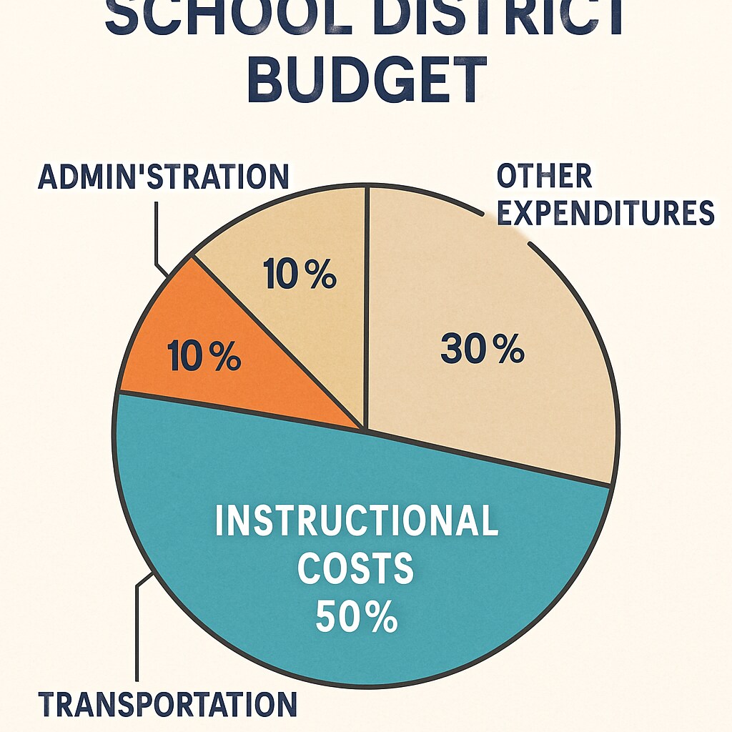 A chart showing the breakdown of school district budgets, highlighting transportation and instructional costs. Breakdown of school budgets showing the role of pass-through funds in inflating per-student spending.