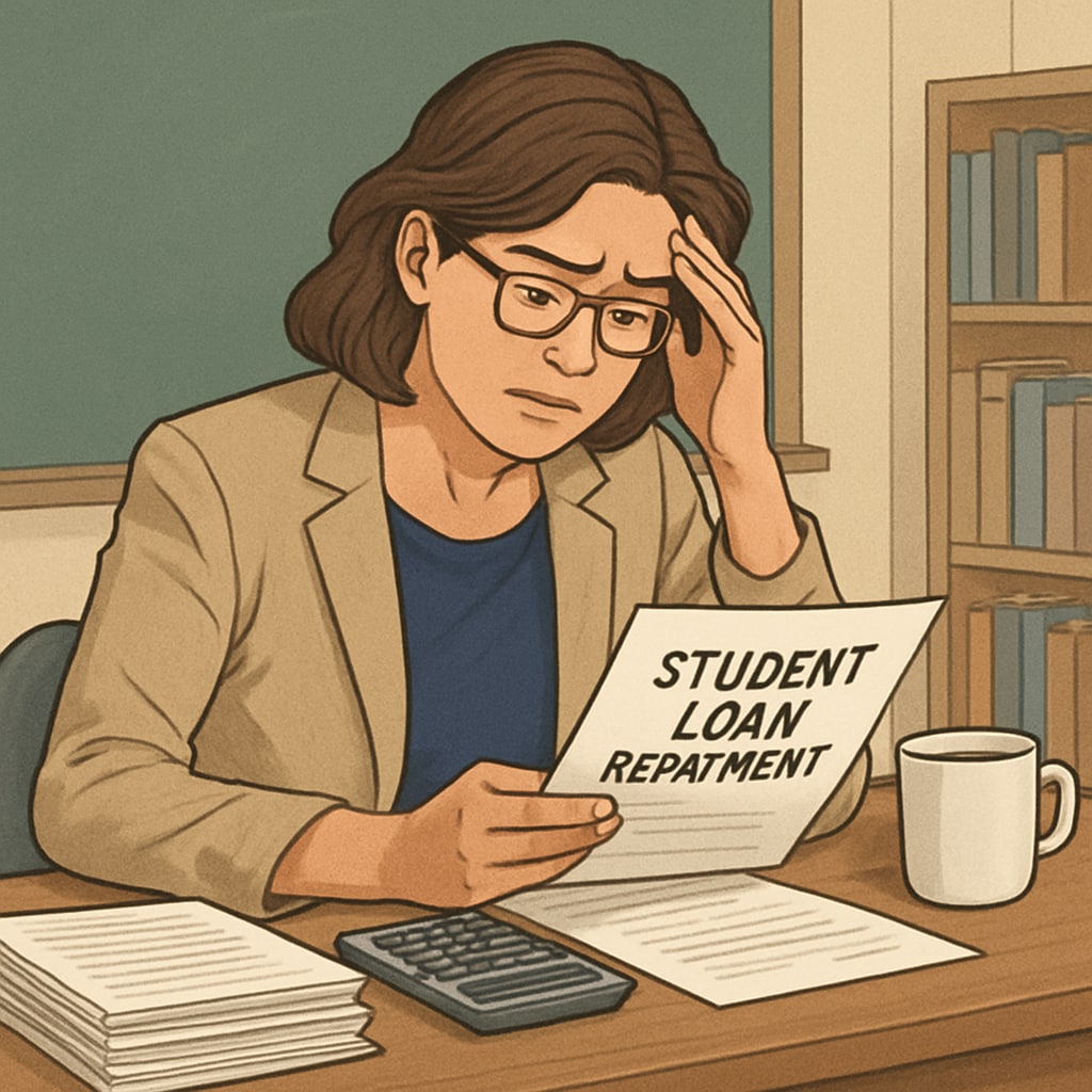 A professional image of a teacher reviewing financial documents while sitting at a desk, visibly stressed about student loan repayments. Teacher stressed about student loans and SAVE plan repayment increase