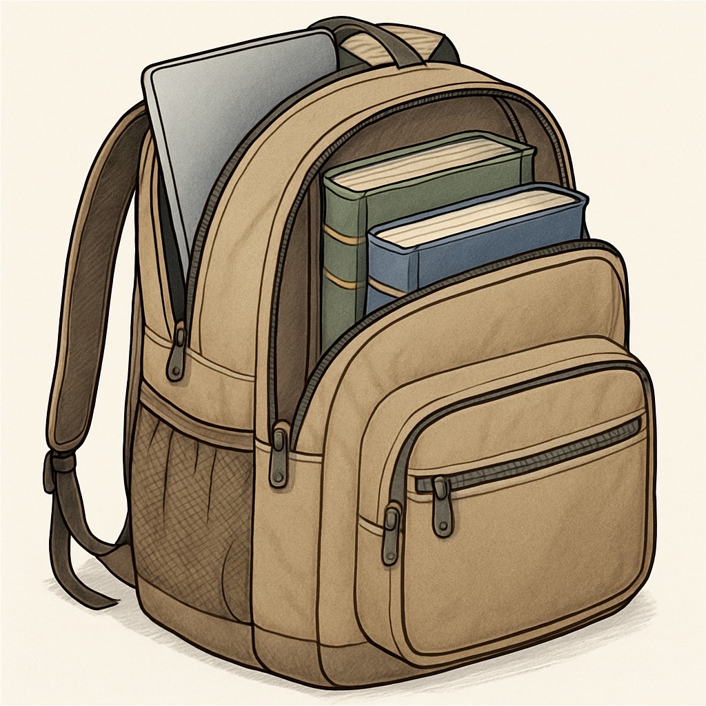 Close-up of an affordable and durable backpack with compartments for a laptop and books. Durable and budget-friendly backpack for students.