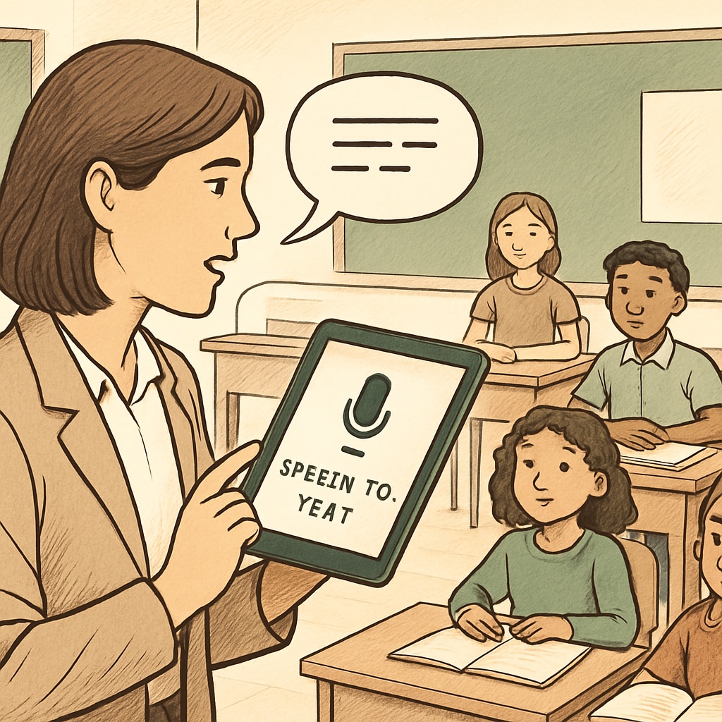 A teacher using a speech-to-text application on a tablet during a classroom session, showcasing the integration of technology into teaching workflows. Teacher utilizing speech-to-text technology in a K12 classroom.