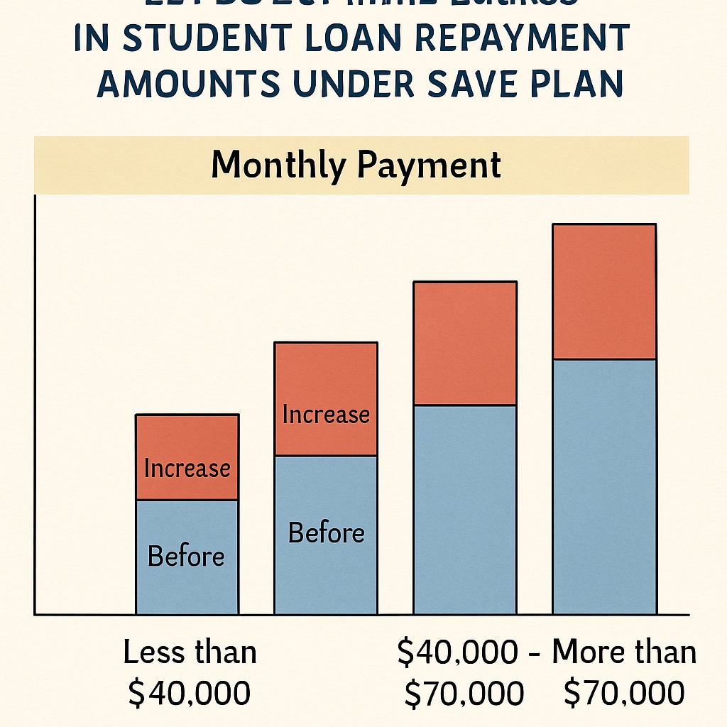 A graphic showing a hypothetical increase in student loan repayment amounts under the new SAVE plan, broken down by income level. Chart of student loan repayment increases under SAVE plan changes