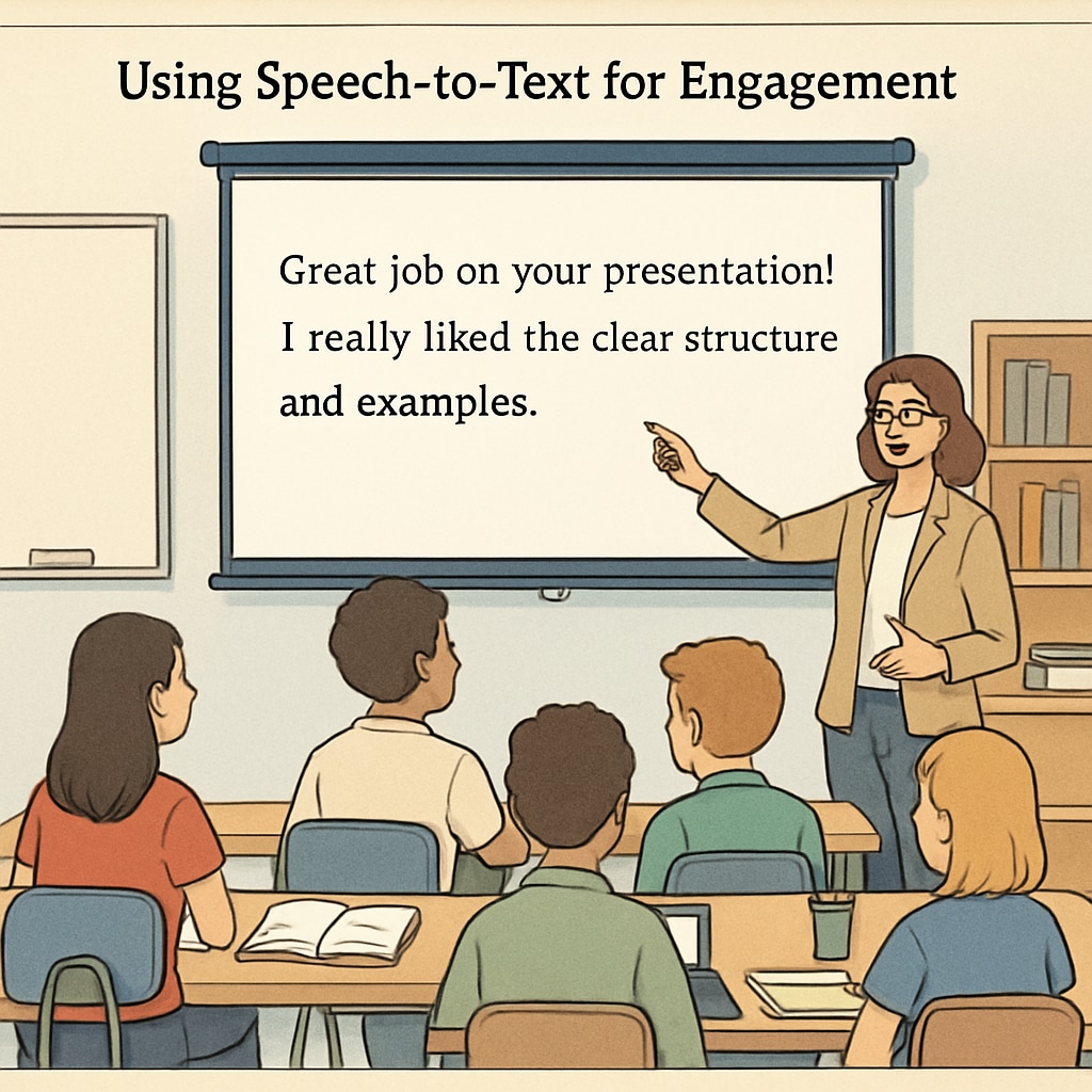 A classroom setting where students and teachers are collaboratively reviewing transcribed feedback on a projector screen, highlighting the benefits of speech-to-text tools for engagement. Students and educators reviewing speech-to-text feedback during a lesson.