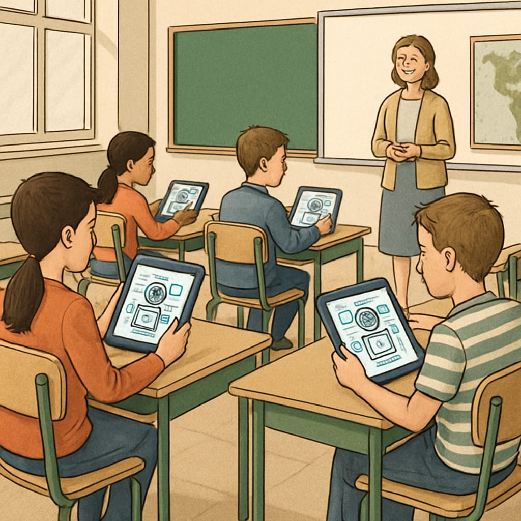 A classroom setting where students interact with AI-powered learning tablets, emphasizing the integration of technology into education systems. Students using AI-powered learning tablets in a classroom.