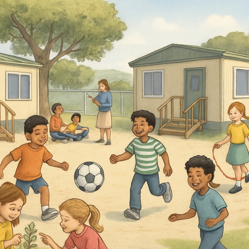 A group of elementary students participating in outdoor activities on a temporary campus. Elementary students engaging in outdoor activities on a temporary campus, highlighting efforts to improve school facilities.
