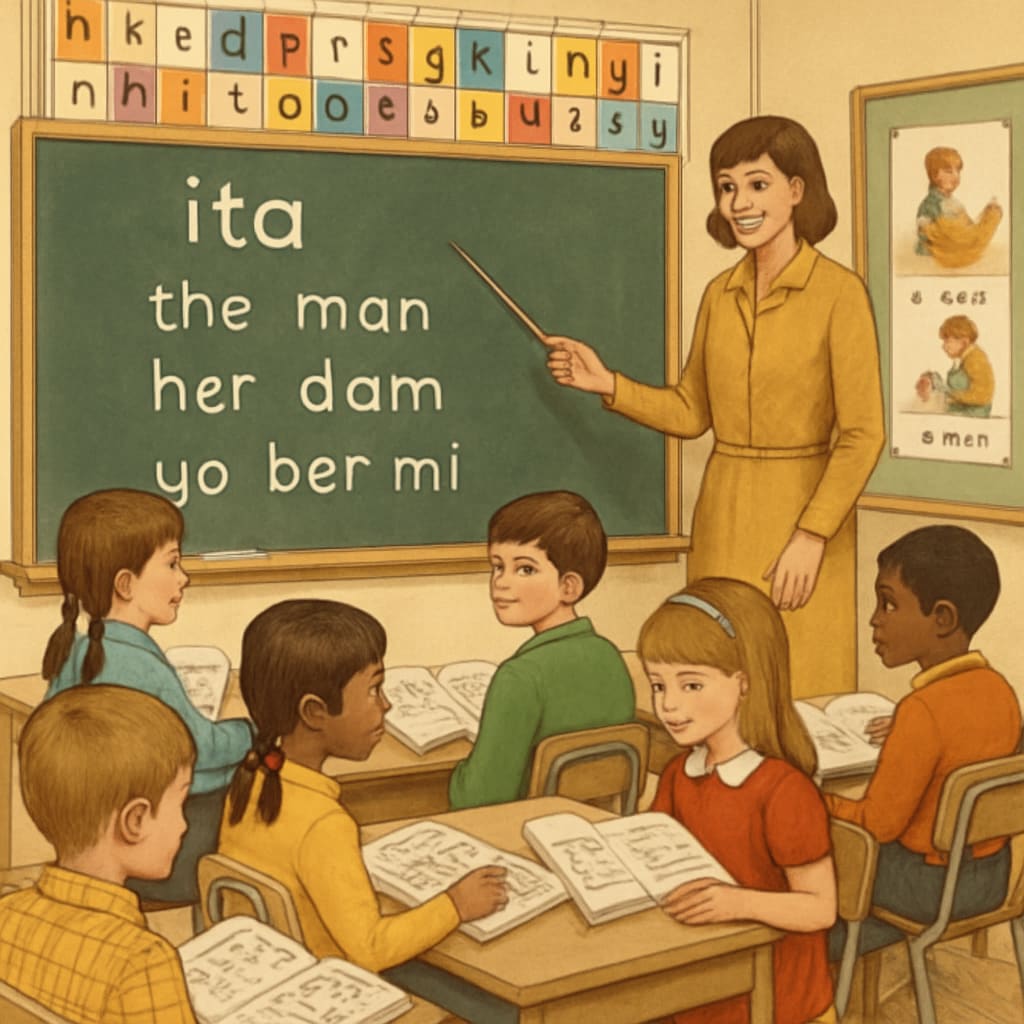 A black-and-white photograph of a classroom in the 1970s where children are learning to read using the Initial Teaching Alphabet (ITA). Classroom in the 1970s with students learning the Initial Teaching Alphabet (ITA).