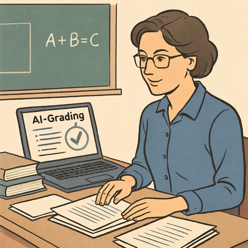 A teacher using an AI-assisted grading tool on a laptop, showcasing the shift in traditional teaching methods. Teacher utilizing AI-assisted grading software.