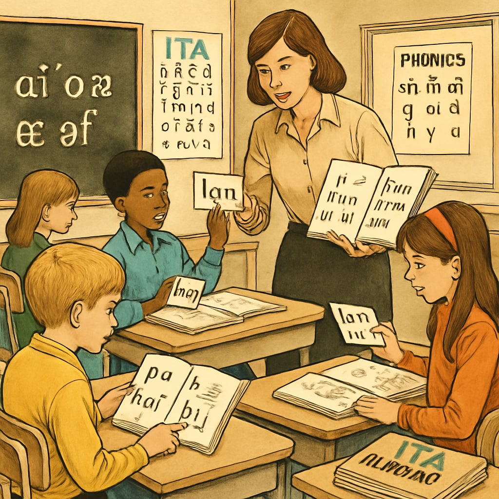 70s classroom using Initial Teaching Alphabet materials for phonetic reading.