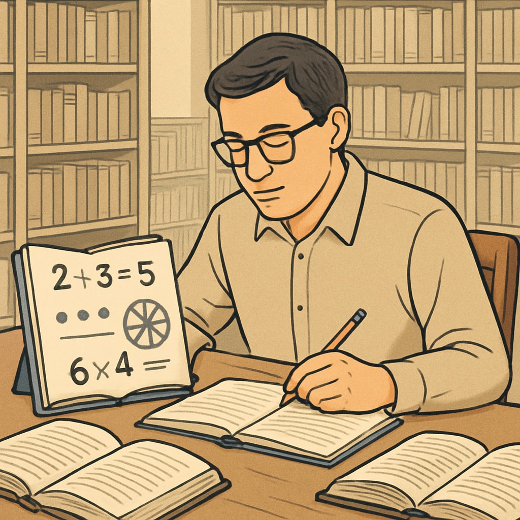 An adult learner studying basic math concepts at a library, symbolizing the effort to rebuild foundational knowledge. Adult learner studying math concepts to address early education deficiencies.