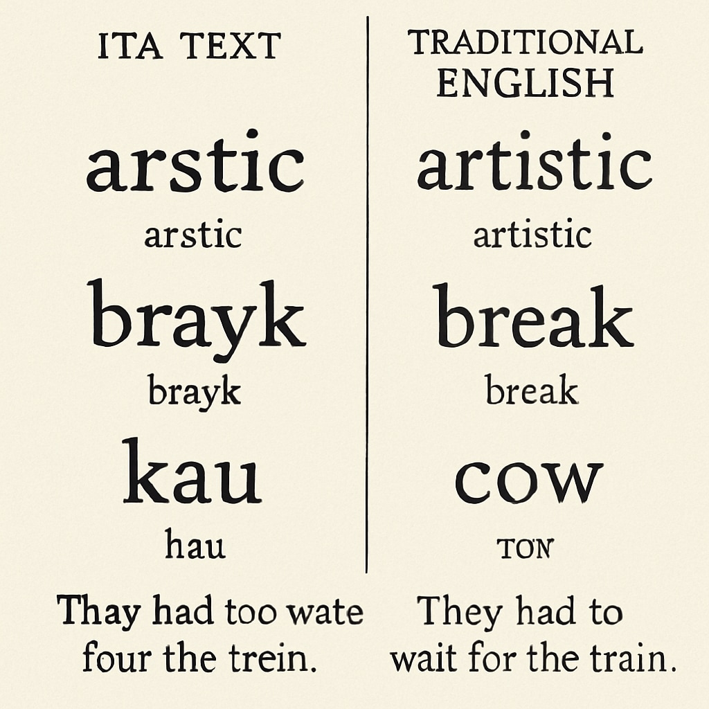 Comparison of ITA and traditional English text, showing phonetic variations.