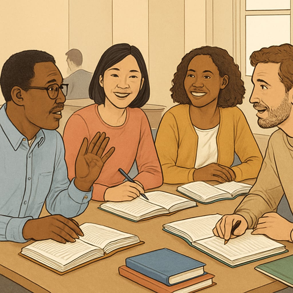 A diverse group of adult learners engaging in a classroom discussion, illustrating collaborative learning. Diverse adult learners in a classroom overcoming foundational knowledge gaps.