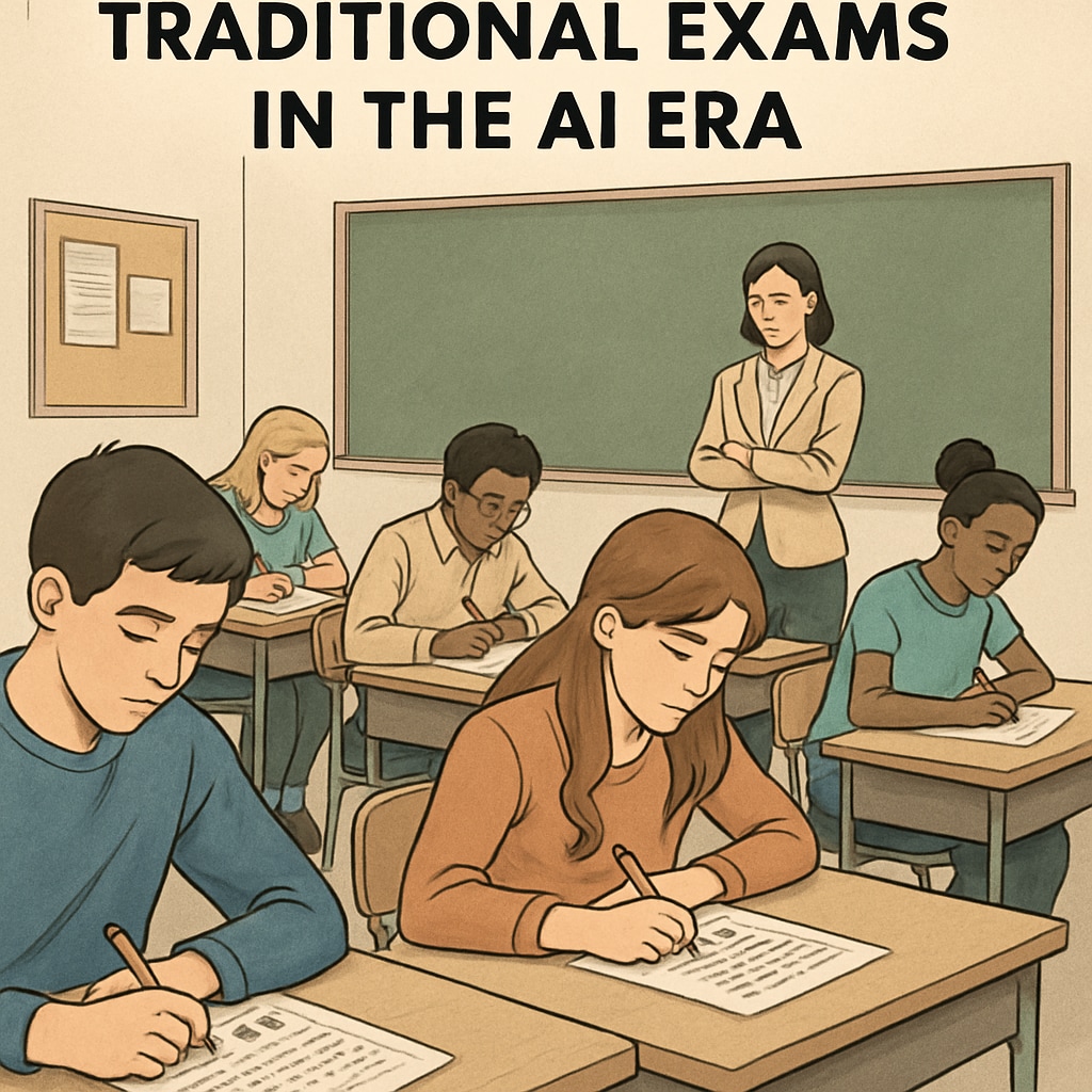 A classroom with students taking a standardized test, highlighting the limitations of traditional competitive exams in the AI era. Students taking a traditional competitive exam, symbolizing outdated evaluation methods in the age of AI.