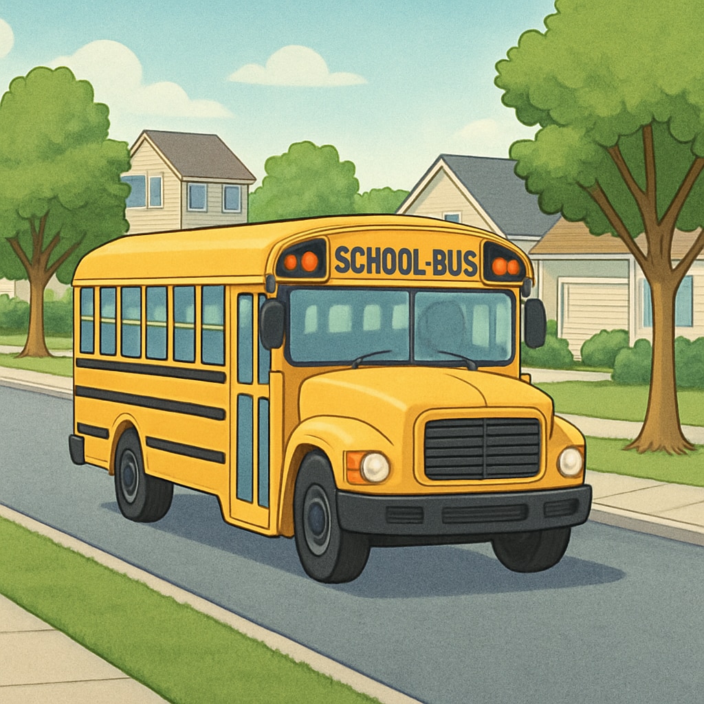 A yellow school bus driving through a suburban neighborhood, symbolizing transportation costs in school budgets. School transportation and its role in pass-through funding.