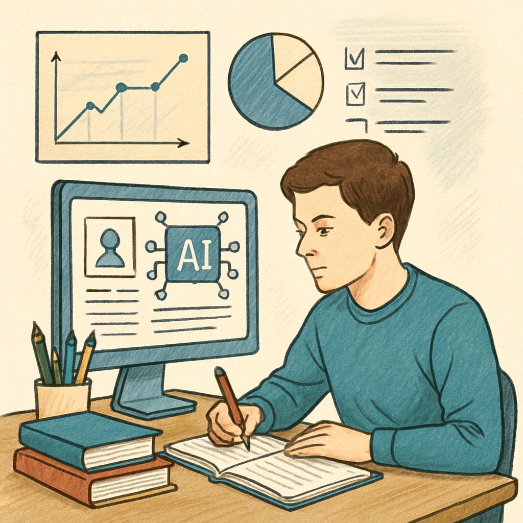 A student working on a project using AI-driven tools, symbolizing modern assessment methods. A student engaged in AI-driven project work, representing innovative educational evaluation.