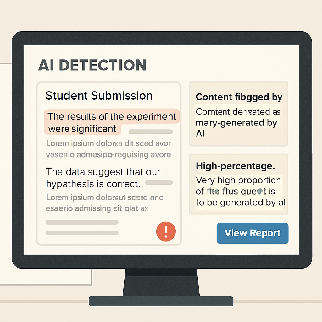 An AI detection interface analyzing student submissions; could include a computer screen displaying flagged text with explanations. AI detector interface showing flagged student submissions for review.