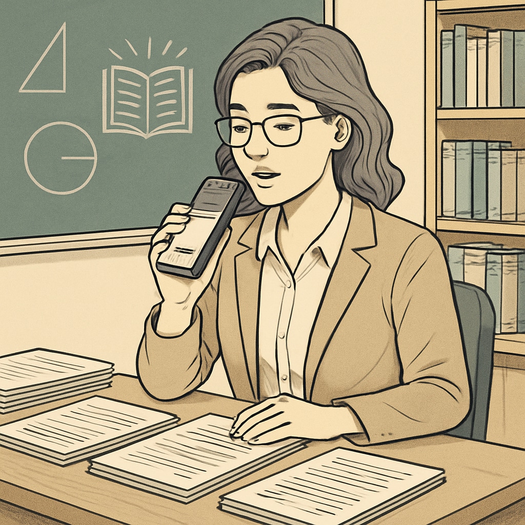A teacher is using WillowVoice to provide voice-to-text feedback on student assignments, showcasing how technology simplifies grading processes in a classroom. A teacher demonstrating voice-to-text feedback using WillowVoice, improving education efficiency.