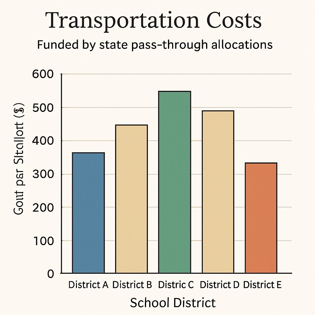 A bar graph comparing transportation costs across school districts funded by state pass-through allocations. Visual representation of disparities in transportation costs due to pass-through funds.