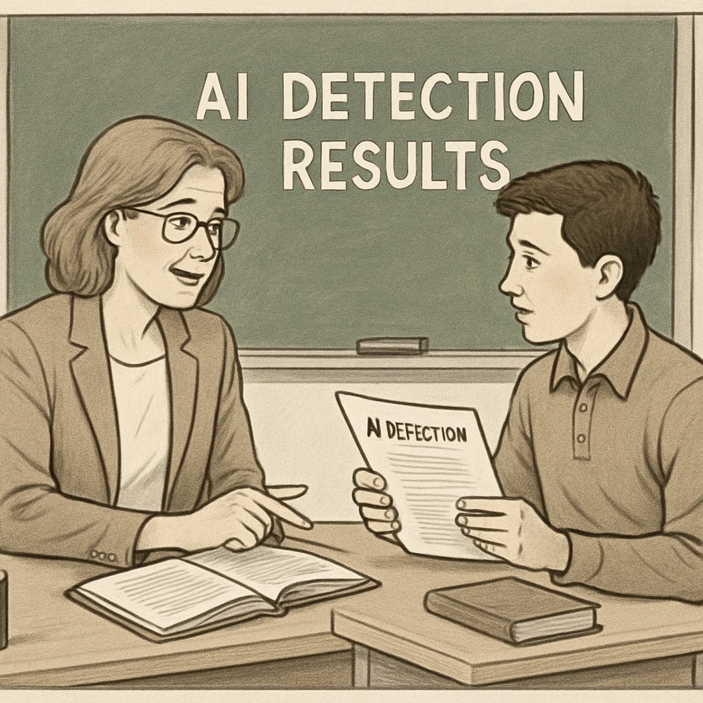 A teacher discussing AI detection results with a student in a classroom; visually demonstrates collaboration and dialogue. Teacher and student reviewing AI detection results in a classroom.