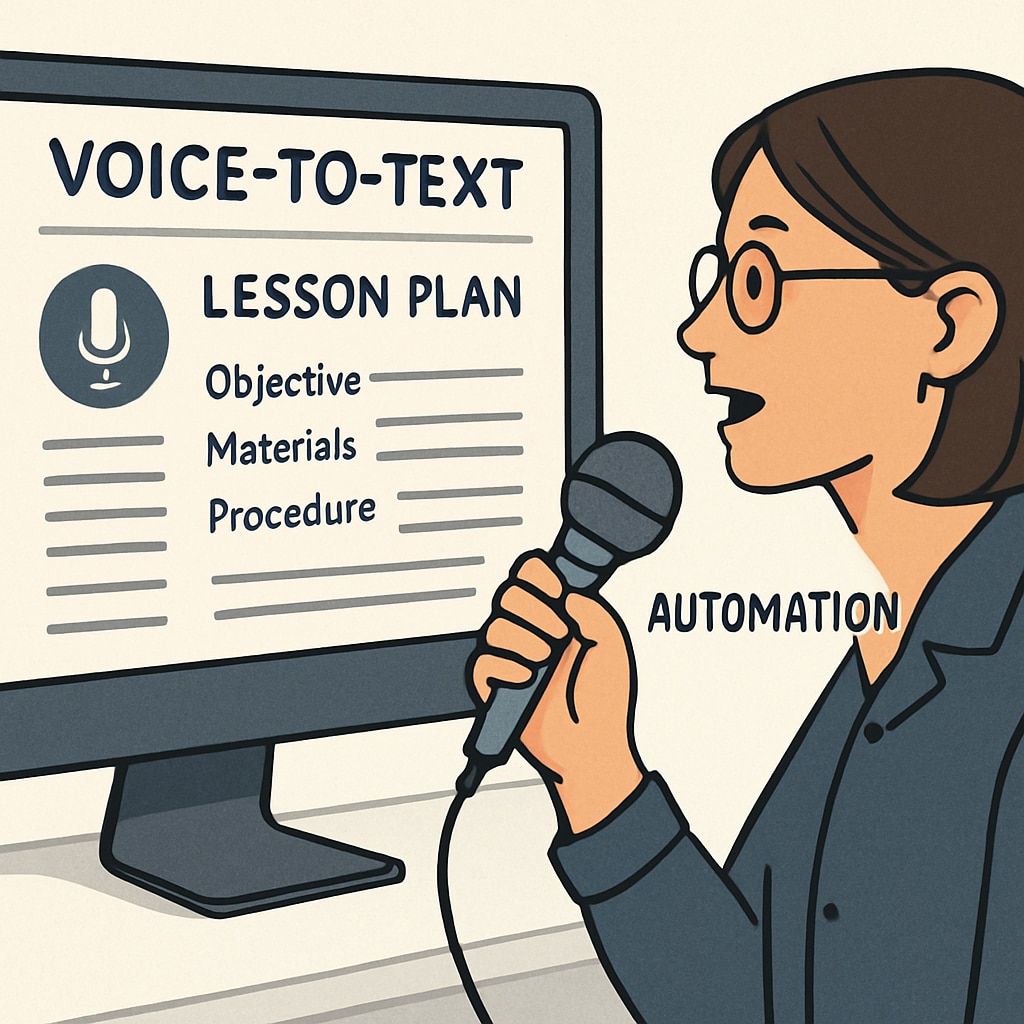 A computer screen displaying a voice-to-text-generated lesson plan while a teacher speaks into a microphone, highlighting automation in education. A teacher creating a lesson plan using voice-to-text technology, optimizing workflow efficiency with WillowVoice.