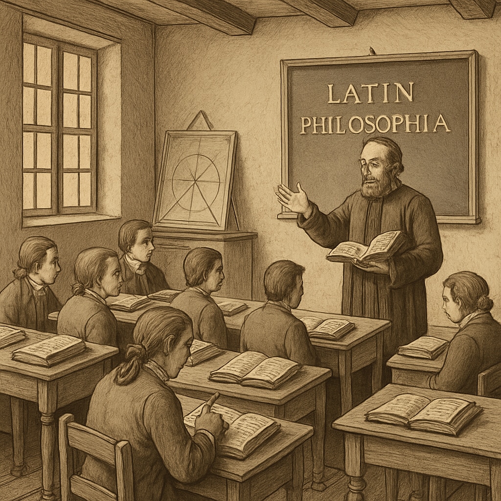 Students in an 18th-century classroom studying classical subjects like Latin and philosophy.