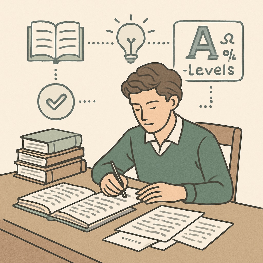 A Level student revising with books and notes.