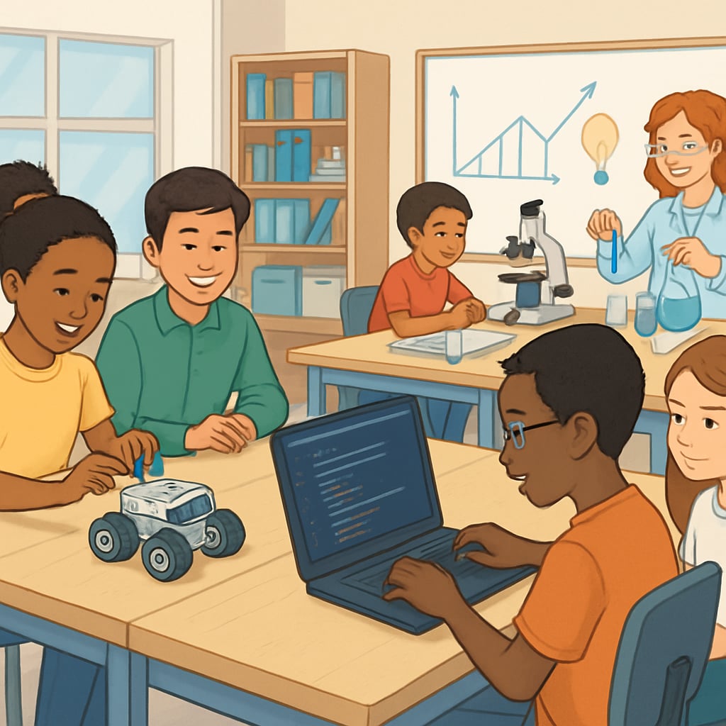 A diverse group of students participating in STEM-focused activities in a modern classroom.