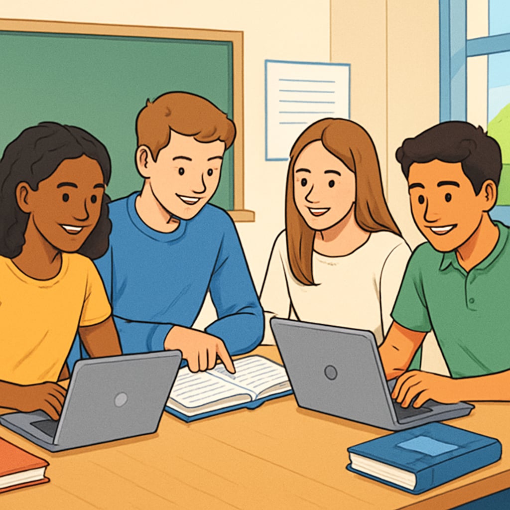 A group of high school students studying together with laptops and books, symbolizing collaborative learning. High school students using education courses and learning resources collaboratively.