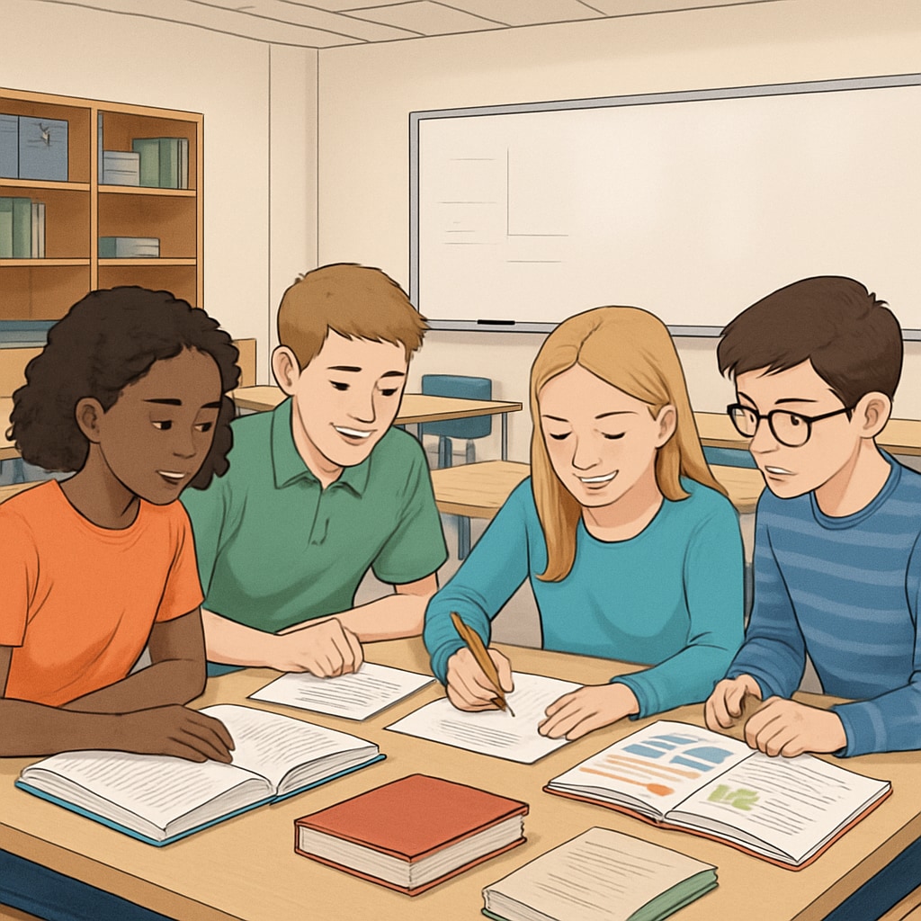 A group of students in a modern public school classroom, engaged in a collaborative project. Public school classroom with students collaborating on a project.