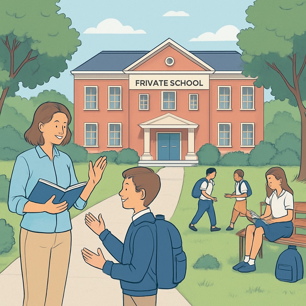 A private school campus with students enjoying outdoor activities, emphasizing smaller class sizes and personalized learning. Private school campus with students participating in outdoor learning activities.