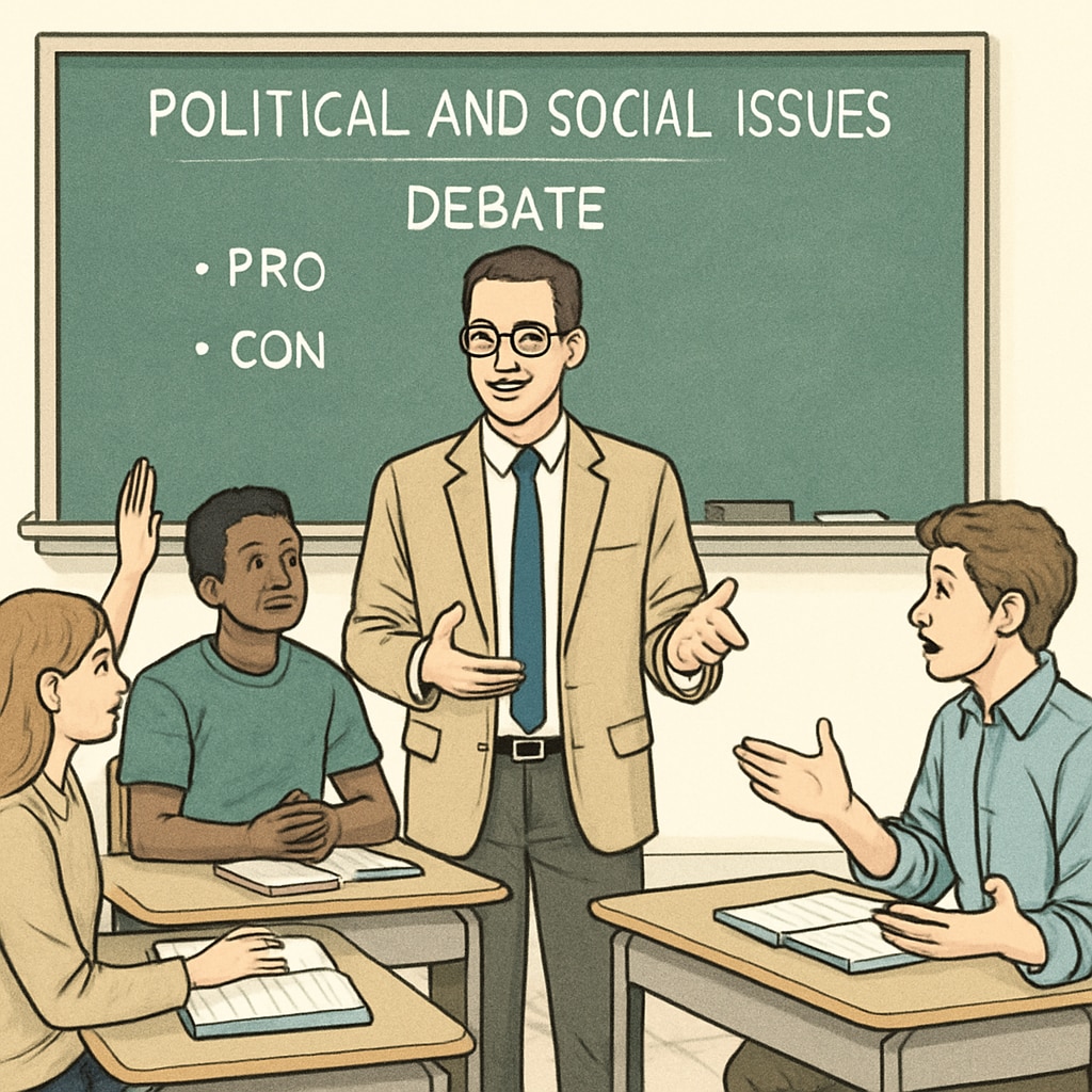 A teacher moderating a balanced classroom debate on political and social issues, fostering critical thinking. Teacher facilitating a debate on wokeness in schools to encourage critical thinking.