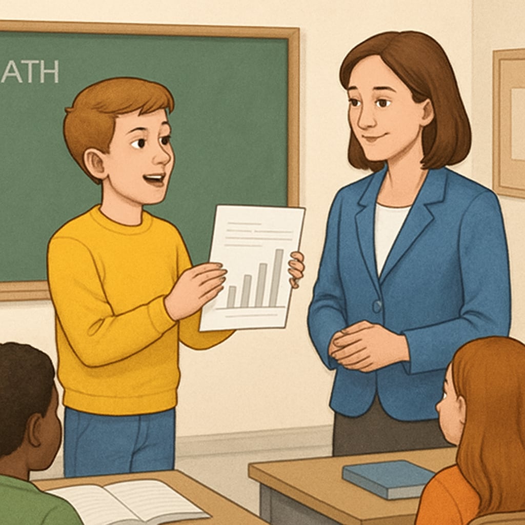 A classroom with a student presenting their work to a teacher, symbolizing trust and academic development. Student presenting work to teacher, representing trust and academic growth.