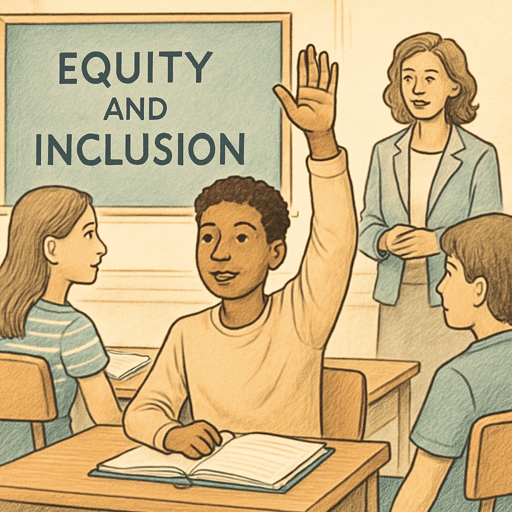 A student raising their hand in a classroom discussion about equity and inclusion, representing active engagement with wokeness topics. Student participating in a classroom conversation about wokeness and inclusion.