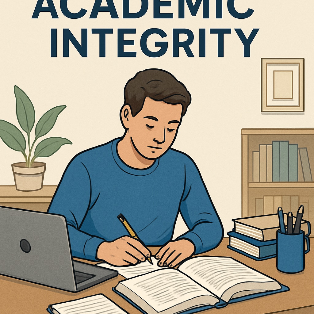 A visual representation of academic integrity, such as a student working diligently at a desk with a laptop and textbooks. Student working diligently with textbooks and laptop, symbolizing academic integrity.