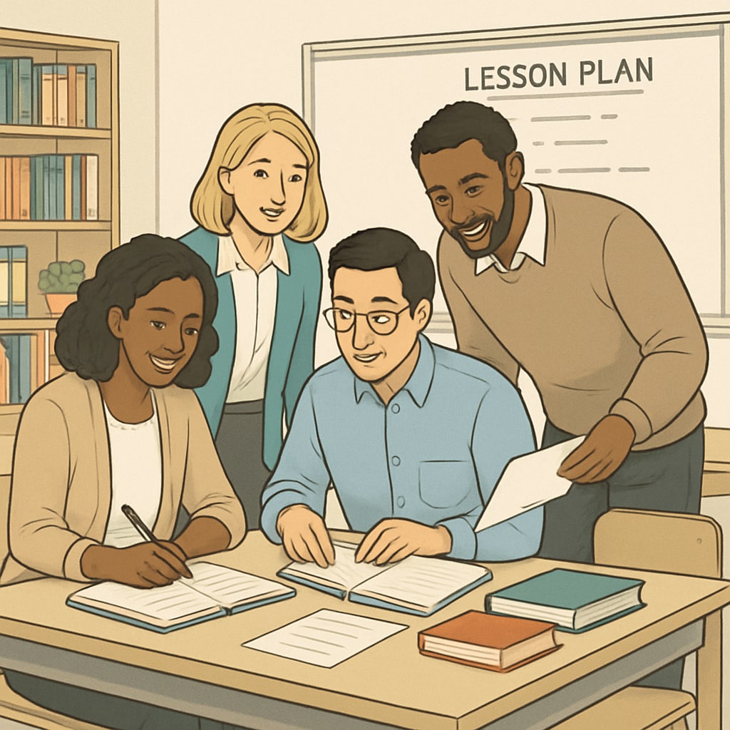 Teachers preparing lessons together to improve student outcomes.