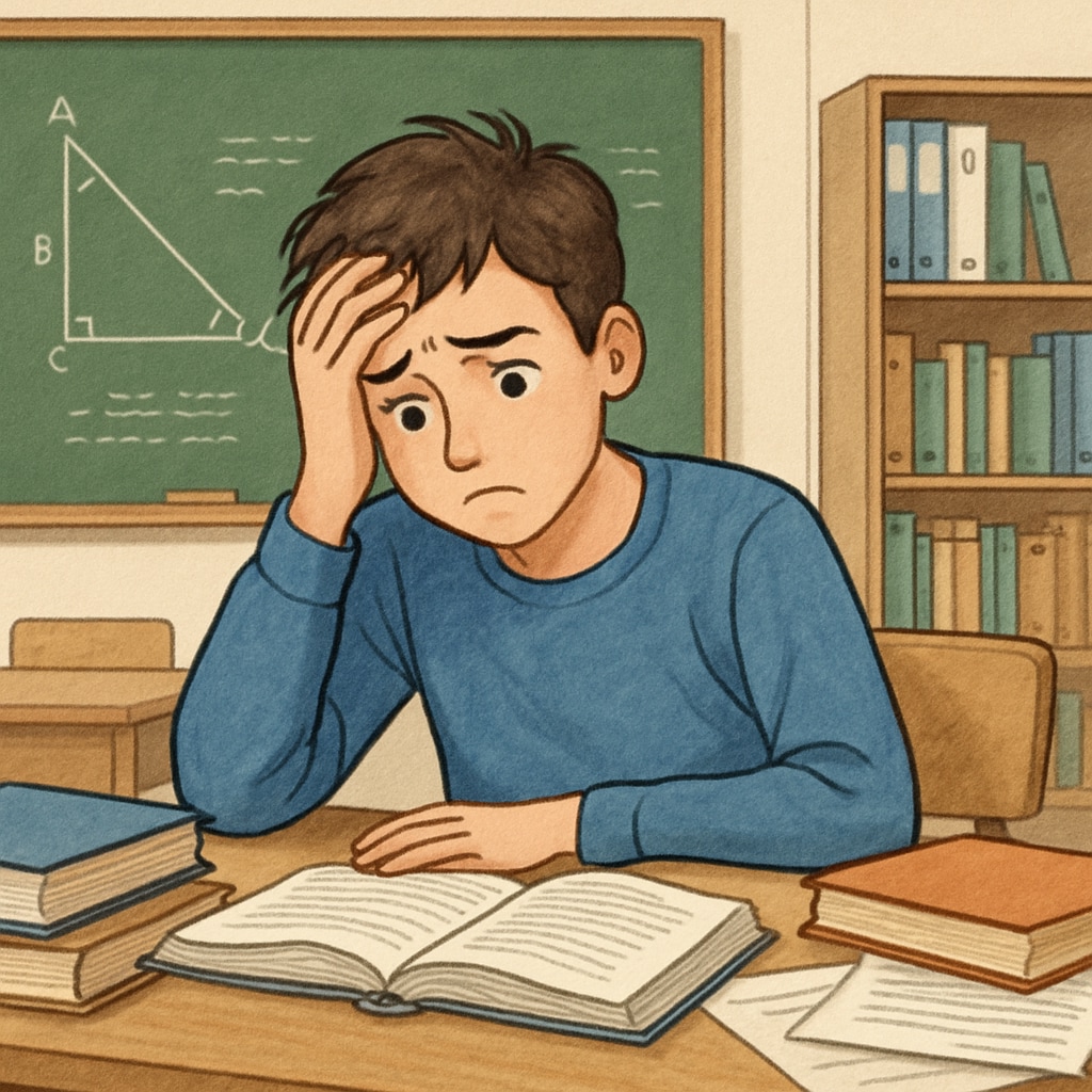 A student looking worried in a classroom after being accused of plagiarism.