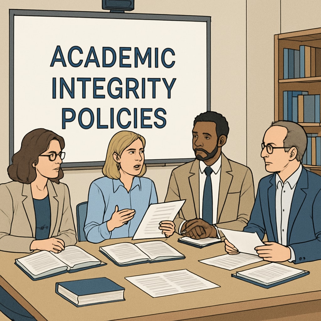 Teachers discussing academic integrity policies in a meeting room.