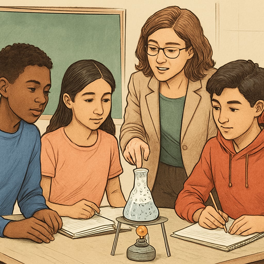High school students working on a science experiment, supporting English learners in understanding scientific concepts.