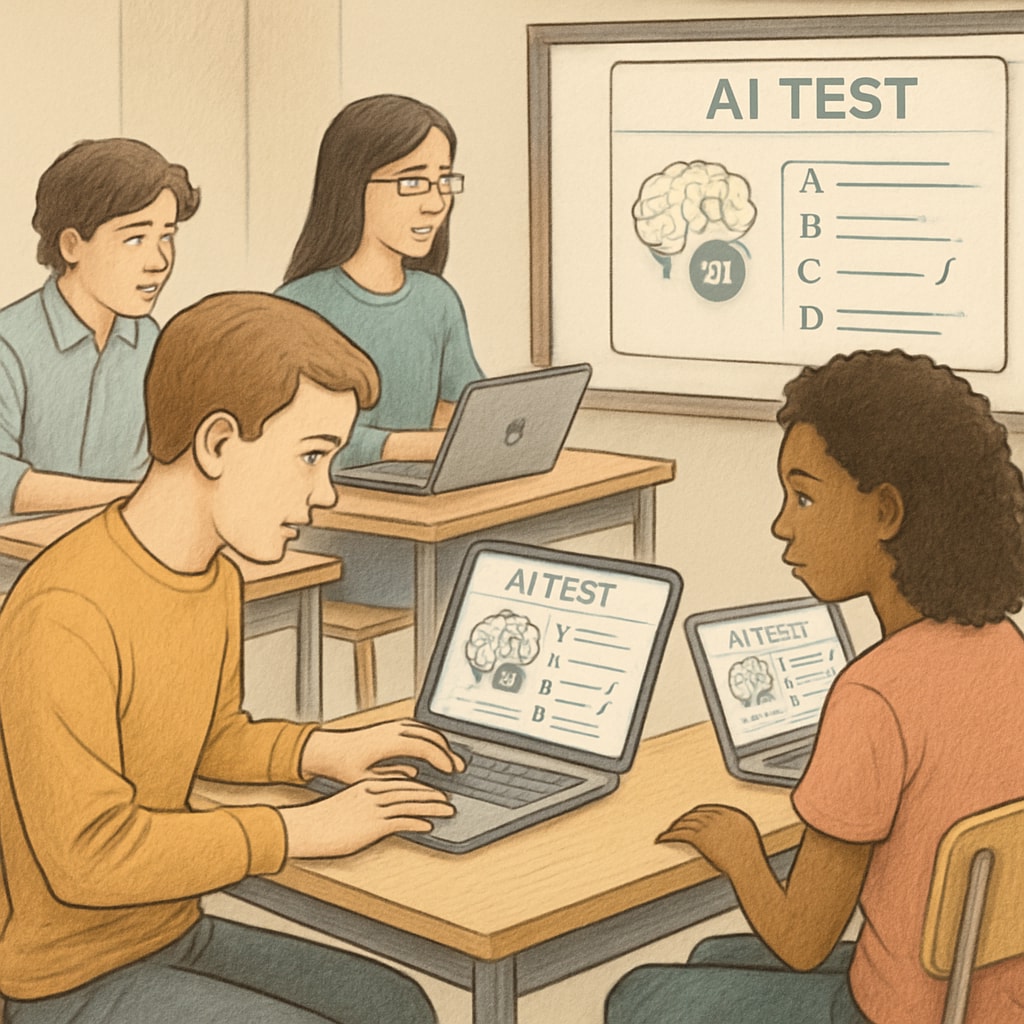 Students interact with AI learning tools in a classroom, showcasing modern education assessment.
