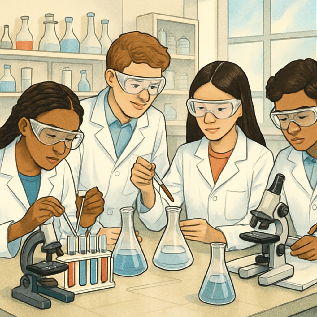A diverse group of students working collaboratively in a high school science lab, focusing on an experiment. Students in a science lab conducting an experiment, representing inclusivity and collaboration.