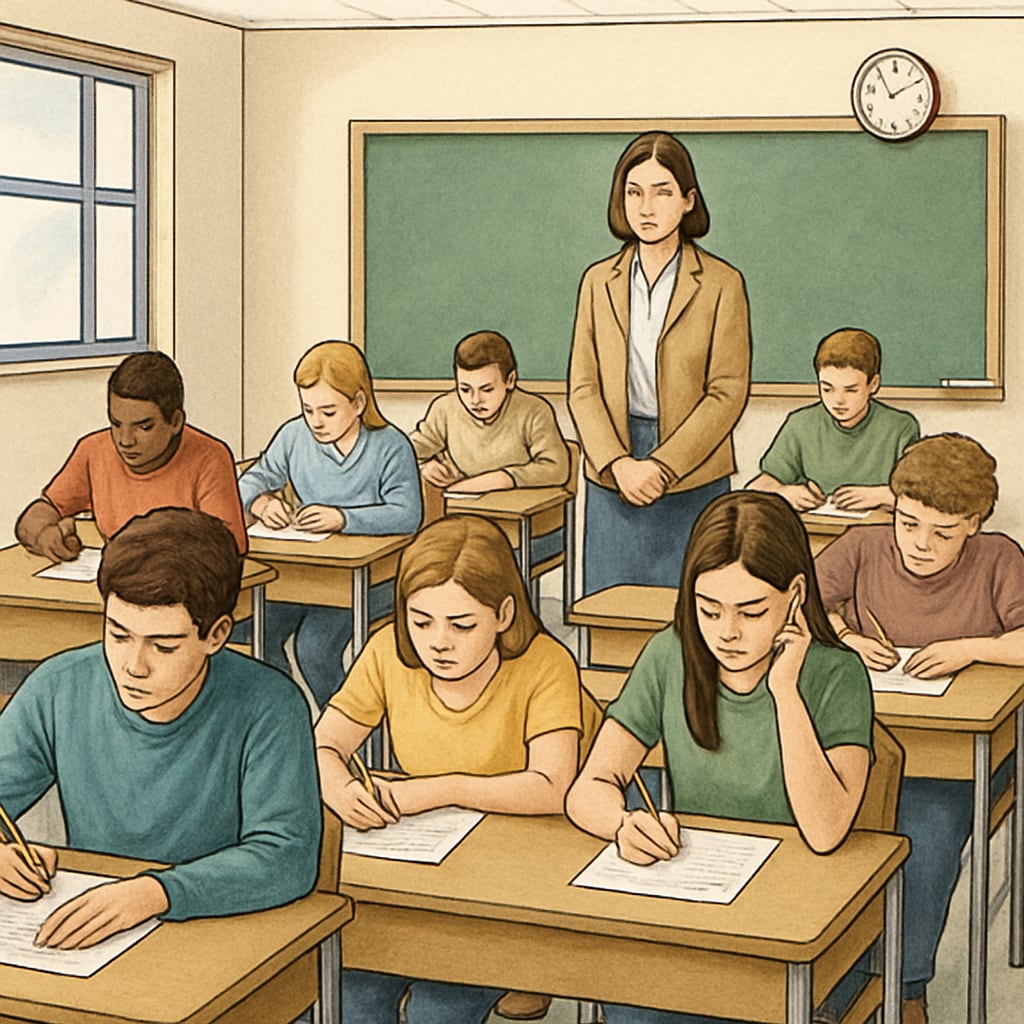 A classroom of students taking a standardized test, representing traditional competitive exams. Students taking a standardized test in a classroom, symbolizing traditional competitive exams.