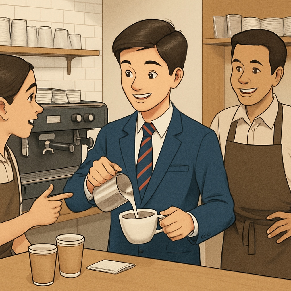 A high school student working part-time at a coffee shop, interacting with colleagues, and showcasing teamwork and time management skills. High school student working part-time at a coffee shop, balancing work and academics.