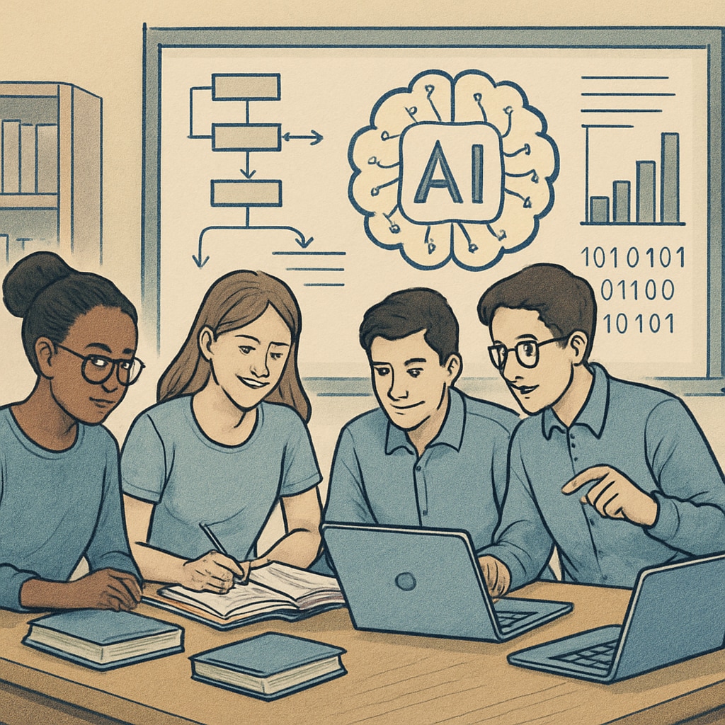 A group of students working collaboratively on an AI-powered educational project. Students engaged in a collaborative project using AI tools, highlighting modern learning methods.