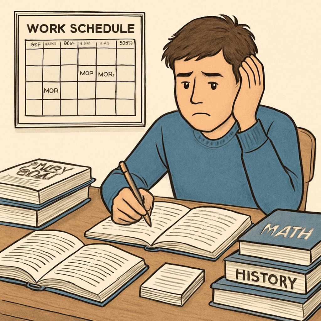 A student sitting at a desk with textbooks and a work schedule, portraying the challenges of balancing academic responsibilities and a part-time job. Student managing a busy schedule with textbooks and work commitments.