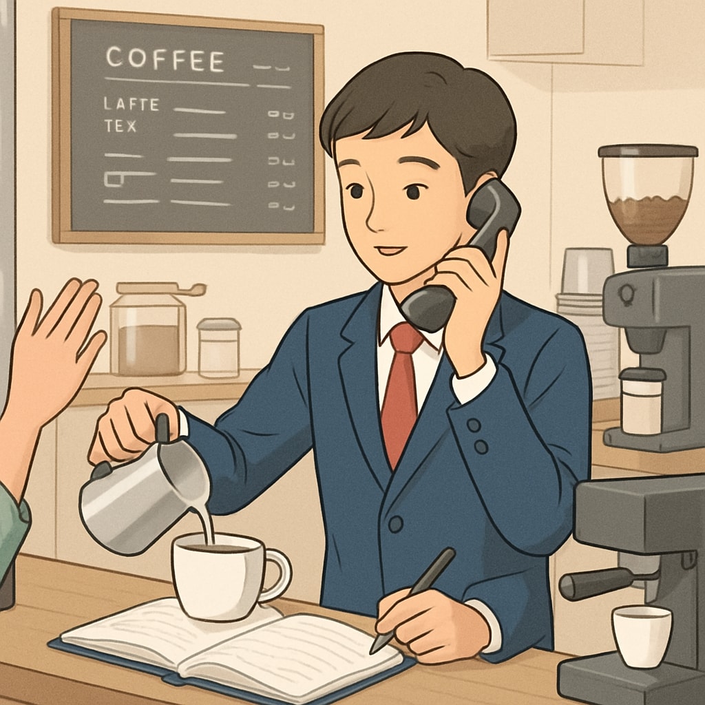 High school student working at a coffee shop, balancing work and academics.